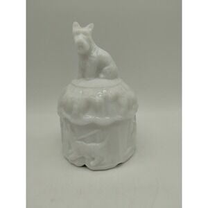 Akro Agate White Slag Scotty Scottie Dog Covered Powder Jar  Dresser Dish 1940s